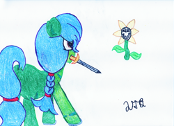 Size: 3510x2550 | Tagged: safe, artist:2tailedderpy, oc, oc:senshi, colored pencil drawing, crayon, crossover, evil, evil grin, flower, horseshoes, long mane, marker drawing, markers, simple background, sword, traditional art, undertale, weapon, white background