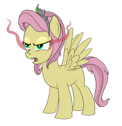 Size: 580x600 | Tagged: safe, artist:karmadash, oc, oc only, oc:princess penumbra, pegasus, pony, angry, blank flank, eye contact, fangs, offspring, parent:fluttershy, parent:king sombra, parents:sombrashy, simple background, solo, sombra eyes, tiara, transparent background