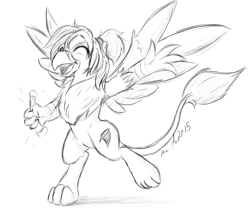 Size: 1200x997 | Tagged: safe, artist:jinyaranda, oc, oc only, oc:rainbow feather, griffon, cute, dancing, glowstick, interspecies offspring, magical lesbian spawn, offspring, parent:gilda, parent:rainbow dash, parents:gildash, sketch, solo