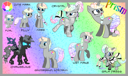 Size: 1024x614 | Tagged: safe, artist:kazziepones, artist:kimikonyanchan, oc, oc only, oc:prism, changeling, crystal pony, pony, baby, baby pony, changelingified, clothes, crystallized, dress, female, filly, gala dress, reference sheet, rule 63, solo, species swap, wet mane