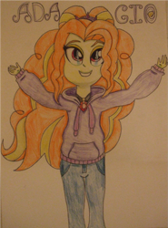 Size: 951x1284 | Tagged: safe, artist:blazingdazzlingdusk, adagio dazzle, equestria girls, rainbow rocks, clothes, drawing, hoodie, smiling, solo, the dazzlings, traditional art, when she smiles