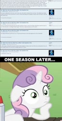 Size: 960x1864 | Tagged: safe, idw, sweetie belle, pony, unicorn, spoiler:comic, spoiler:comicff14, spoiler:s05, bobby curnow, dragontown, exploitable meme, female, filly, horn, image macro, meme, obligatory pony, solo, sudden clarity sweetie belle, text, two toned mane, white coat, wide eyes