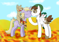 Size: 1024x732 | Tagged: safe, artist:allonsbro, dinky hooves, gusty, pipsqueak, oc, oc:bo, diamond dog, g1, adopted offspring, autumn, clothes, dinkysqueak, female, g1 to g4, generation leap, hat, impending kiss, male, next generation, parent:dinky hooves, parent:pipsqueak, parents:dinkysqueak, scarf, shipping, straight