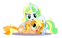 Size: 1000x610 | Tagged: safe, artist:spacechickennerd, oc, oc only, oc:chickpea, oc:snow pea, female, filly, sisters