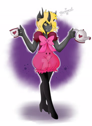 Size: 1600x2181 | Tagged: safe, artist:hornicorn, oc, oc only, oc:harmony melliferre, anthro, changeling, boots, bow, clothes, cosplay, costume, dress, female, food, heart, muffet, pantaloons, solo, tea, teacup, teapot, undertale, watermark, yellow changeling