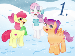 Size: 800x600 | Tagged: safe, artist:mod-named-carot, apple bloom, scootaloo, sweetie belle, crusaders of the lost mark, clothes, cutie mark, cutie mark crusaders, hat, scarf, snow, snowfall, the cmc's cutie marks, winter