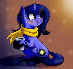 Size: 2223x2109 | Tagged: safe, artist:sigmanas, oc, oc only, pony, unicorn, clothes, coffee, cup, cute, food, scarf, sitting, solo, spots, tea, щщоки