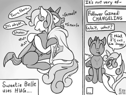 Size: 2048x1536 | Tagged: safe, artist:exedrus, derpibooru exclusive, sweetie belle, changeling, :p, black and white, cape, clothes, cmc cape, cute, cuteling, diasweetes, grayscale, growling, hug, monochrome, response, simple background, smiling, snarling, speech bubble, tail wag, tongue out, underhoof