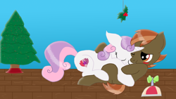 Size: 1172x659 | Tagged: safe, artist:arstyfilmer, button mash, sweetie belle, blushing, christmas, christmas tree, cutie mark, embarrassed, female, holly, holly mistaken for mistletoe, male, shipping, straight, sweetiemash, the cmc's cutie marks, tree