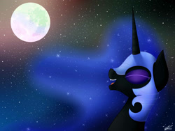 Size: 2000x1500 | Tagged: safe, artist:emerlees, nightmare moon, season 5, the cutie re-mark, alternate timeline, eyes closed, fangs, laughing, mare in the moon, moon, night, nightmare takeover timeline, open mouth, smiling, solo, stars