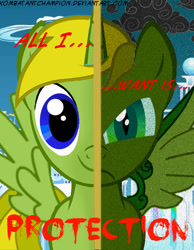 Size: 600x773 | Tagged: safe, artist:kombatantchampion, oc, oc only, oc:braveheart, alicorn, alicorn oc, amputee, augmented, cloudsdale, prosthetic limb, prosthetic wing, prosthetics, solo, text, two sided posters, two sides