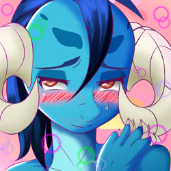 Size: 2652x2652 | Tagged: safe, artist:0ryomamikado0, princess ember, anthro, dragon, abstract background, baka, bedroom eyes, blushing, bust, claws, dragoness, embarrassed, female, horns, looking at you, portrait, solo, sweat, sweatdrop, tsundember, tsundere