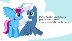 Size: 11200x6400 | Tagged: safe, artist:parclytaxel, night glider, oc, oc:parcly taxel, alicorn, pony, .svg available, :o, absurd resolution, alicorn oc, cloud, flying, holiday, parcly in south korea, parcly's travel covers, south korea, vector