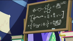 Size: 1280x720 | Tagged: safe, screencap, pony, the hooffields and mccolts, book, chalk, chalkboard, cutie mark, discovery family logo, equation, fancy mathematics, graph, hug, magic, math, molecule, no pony, science, twilight's castle, wat