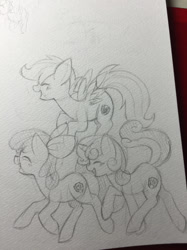Size: 1280x1707 | Tagged: safe, artist:yukimaki, apple bloom, scootaloo, sweetie belle, crusaders of the lost mark, cutie mark, cutie mark crusaders, monochrome, the cmc's cutie marks, traditional art