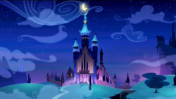 Size: 1920x1080 | Tagged: safe, screencap, the cutie re-mark, alternate timeline, building, castle, castle of the royal pony sisters, crescent moon, moon, night, nightmare takeover timeline, no pony, observatory, scenery, tree