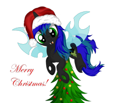 Size: 1350x1125 | Tagged: safe, artist:law44444, oc, oc only, oc:summer haze, changeling, changeling oc, christmas, christmas changeling, cute, my little pony, solo, tree