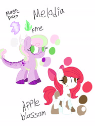 Size: 1536x2048 | Tagged: safe, artist:smileverse, oc, oc only, oc:apple blossom, oc:melodia, dracony, earth pony, hybrid, pony, interspecies offspring, offspring, parent:apple bloom, parent:pipsqueak, parent:spike, parent:sweetie belle, parents:pipbloom, parents:spikebelle, reference sheet, simple background