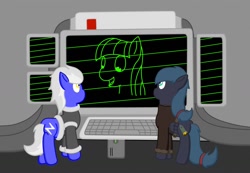 Size: 1280x887 | Tagged: safe, artist:minty candy, oc, oc only, oc:night strike, oc:static charge, earth pony, pegasus, pony, fallout equestria, fallout equestria: empty quiver, artificial intelligence, clothes, computer, science, story, terminal