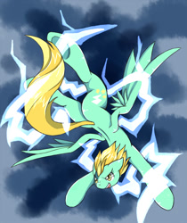 Size: 980x1166 | Tagged: safe, artist:jiiko, lightning dust, backbend, flying, lightning, pixiv, plot, solo, underhoof