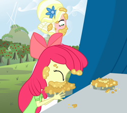 Size: 1024x910 | Tagged: dead source, safe, artist:angelitus01, apple bloom, big macintosh, brotherhooves social, equestria girls, bow, crossdressing, eating, eating contest, equestria girls interpretation, food, orchard blossom, pie, scene interpretation