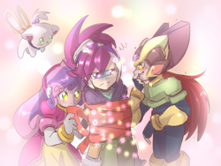 Size: 1600x1200 | Tagged: safe, artist:thegreatrouge, apple bloom, opalescence, scootaloo, sweetie belle, human, crossover, cutie mark crusaders, cyber-elf, humanized, megaman, megaman zero