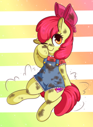 Size: 1280x1745 | Tagged: safe, artist:wickedsilly, apple bloom, adorabloom, clothes, cute, cutie mark, dirty, overalls, solo, the cmc's cutie marks