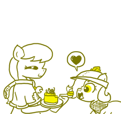 Size: 640x600 | Tagged: safe, artist:ficficponyfic, oc, oc only, oc:emerald jewel, oc:hope blossoms, pony, cake, cake slice, colt, colt quest, cute, explicit source, female, foal, food, heart, male, mare, plate, spoon