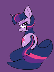 Size: 1200x1600 | Tagged: safe, artist:paskanaakka, derpibooru exclusive, twilight sparkle, both cutie marks, frown, lidded eyes, looking at you, plot, simple background, solo, tail