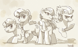Size: 1157x694 | Tagged: safe, artist:hanada, double diamond, night glider, party favor, sugar belle, backwards cutie mark, clothes, crouching, equal four, grin, monochrome, raised hoof, scarf