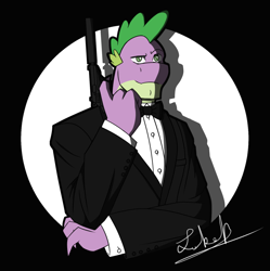 Size: 1280x1284 | Tagged: safe, artist:comeththehour, spike, dragon, beefspike, bowtie, clothes, gun, handgun, james bond, parody, pistol, solo, spotlight, suit, walther ppk, weapon