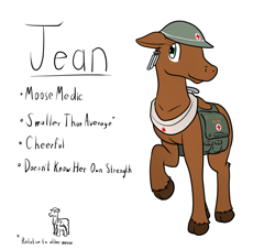 Size: 1391x1255 | Tagged: safe, artist:the-furry-railfan, oc, oc only, oc:jean, moose, fallout equestria: long haul, brodie helmet, canada, ear piercing, earring, hat, helmet, horse collar, jewelry, maple leaf, medic, medical saddlebag, piercing, raised hoof, reference sheet, saddle bag, size difference, wind chime, yoke