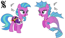 Size: 3280x1920 | Tagged: safe, artist:cheezedoodle96, oc, oc only, oc:elegy, hippocampus, merpony, pony, siren, .svg available, bedroom eyes, belt, clothes, dagger, dal segno, ear piercing, earring, female, half-siren, knife, mare, music, music notes, necklace, open mouth, pearl, piercing, raised hoof, seashell, shirt, simple background, singing, smiling, solo, svg, transparent background, vector, vest, weapon