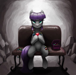 Size: 1024x1017 | Tagged: safe, artist:sunbusting, maud pie, earth pony, pony, bench, cave, female, hoof hold, looking at you, mare, rock candy necklace, sitting, solo