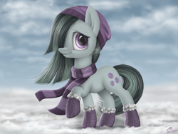 Size: 1600x1200 | Tagged: safe, artist:luminousdazzle, marble pie, earth pony, pony, beanie, boots, clothes, cute, female, hat, mare, scarf, solo, winter, winter outfit