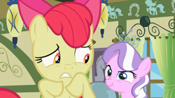 Size: 1366x768 | Tagged: safe, screencap, apple bloom, diamond tiara, family appreciation day, duo, scrunchy face