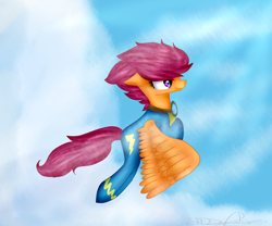 Size: 1024x853 | Tagged: safe, artist:rubyblossomva, scootaloo, pegasus, pony, cloud, flying, older, scootaloo can fly, solo, wonderbolt scootaloo, wonderbolts uniform