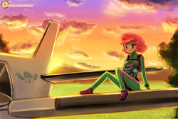 Size: 1125x750 | Tagged: safe, artist:lumineko, oc, oc only, oc:software patch, oc:windcatcher, equestria girls, aircraft, clothes, commission, equestria girls-ified, jumpsuit, plushie, sitting, solo, sunset