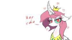 Size: 1632x900 | Tagged: safe, artist:apinklife, artist:pinkgagy, oc, oc only, oc:gagy, alicorn, pony, alicorn oc, bedroom eyes, blushing, bust, crown, curved horn, dialogue, eyelashes, eyeshadow, female, floppy ears, heart, jewelry, looking at you, makeup, mare, regalia, simple background, smiling, solo, white background