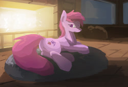 Size: 2500x1700 | Tagged: safe, artist:fuzzyfox11, berry punch, berryshine, fireplace, looking back, pillow, plot, prone, solo