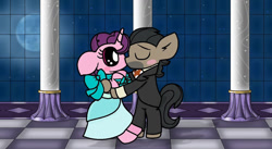 Size: 1024x563 | Tagged: safe, artist:thefanficfanpony, doctor caballeron, sugar belle, cabelle, clothes, crack shipping, dress, gala dress, male, shipping, straight