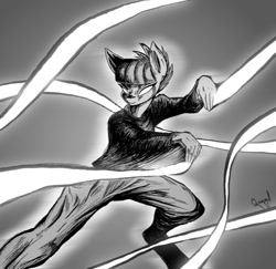 Size: 906x882 | Tagged: safe, artist:quynzel, maud pie, anthro, anime, badass, crossover, martial arts, monochrome, one punch man, silver fang, solo, water stream rock smashing fist