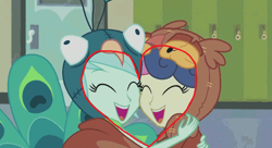 Size: 720x391 | Tagged: safe, edit, edited screencap, screencap, bon bon, lyra heartstrings, sweetie drops, all's fair in love and friendship games, equestria girls, friendship games, 1000 hours in ms paint, female, heart shaped, illuminati confirmed, lesbian, lyrabon, ms paint, shipping, symbolism