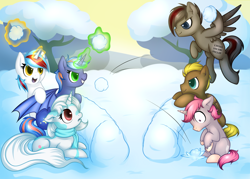 Size: 3498x2502 | Tagged: safe, artist:kinga, oc, oc only, oc:audina puzzle, oc:celery, oc:elondras, oc:intrepid charm, oc:jare, oc:starlight heart, alicorn, bat pony, pegasus, pony, unicorn, alicorn oc, floppy ears, flying, frown, hoof hold, levitation, magic, prone, smirk, snow, snowball, snowball fight, spread wings, telekinesis, throwing, wide eyes, winter