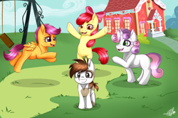 Size: 3000x2000 | Tagged: safe, artist:pillonchou, apple bloom, pipsqueak, scootaloo, sweetie belle, cutie mark crusaders