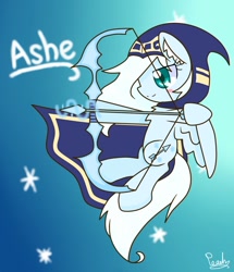 Size: 1000x1162 | Tagged: safe, artist:peach, oc, oc:ashe, archery, arrow, ashe, bow (weapon), bow and arrow, league of legends, ponified, weapon