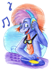 Size: 1471x2040 | Tagged: safe, artist:animagicworld, master kenbroath gilspotten heathspike, spike, dragon, g3, the world's biggest tea party, disc jockey, disco, headphones, simple background, solo, sunglasses, traditional art, transparent background