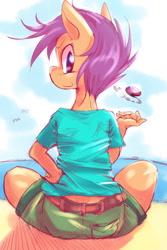 Size: 800x1200 | Tagged: safe, artist:suzumaru, scootaloo, anthro, beach, clothes, female, outdoors, sitting, smiling, solo, water, wingless, wingless anthro