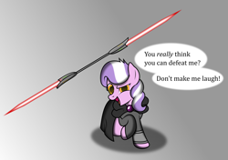 Size: 3823x2694 | Tagged: safe, artist:ideltavelocity, diamond tiara, double lightsaber, golden eyes, lightsaber, sith, solo, star wars, weapon