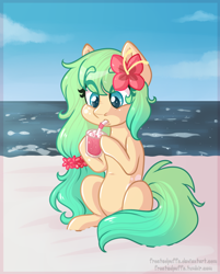 Size: 844x1049 | Tagged: safe, artist:frostedpuffs, oc, oc only, oc:kiwi aloha, beach, drinking, flower, solo